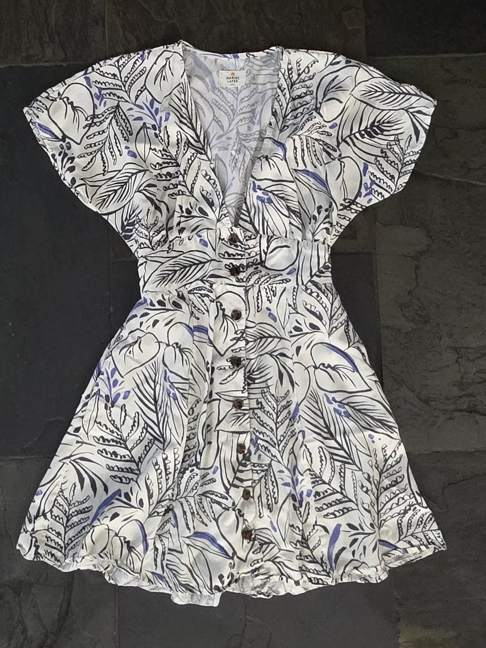Marine Layer White Dress with Black Leaf Print and Blue Accents
